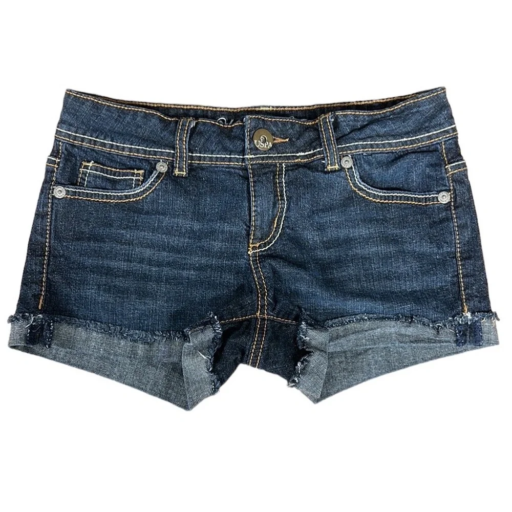 US Polo Assn Low Rise Distressed Fringed Daisy Dukes Big Pony Jean Shorts 3/4
